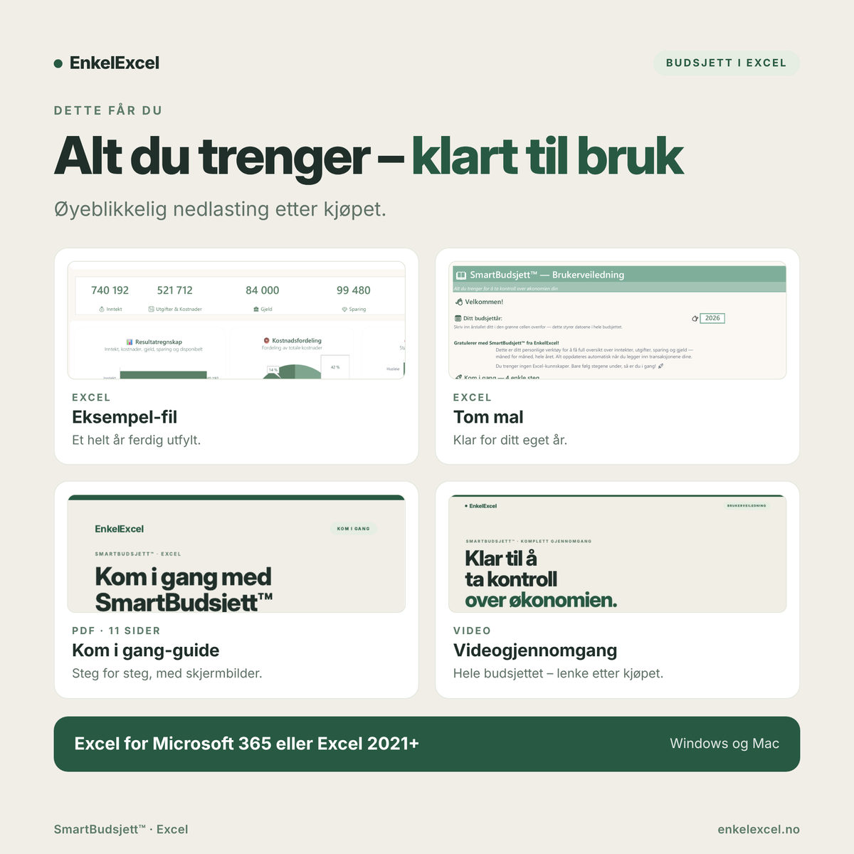 SmartBudsjett Excel – dette følger med kjøpet: Excel-maler, eksempel og guide