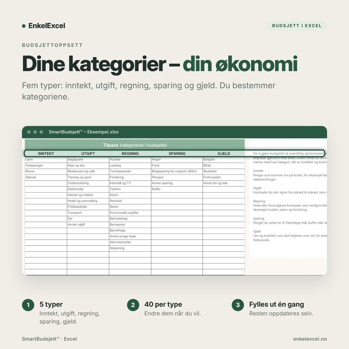 SmartBudsjett Excel – tilpass kategoriene til din økonomi